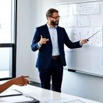 A diverse team of professional business people, fully clothed in modern, modest business attire, dynamically collaborating in a bright, open-plan office. They are gathered around a large interactive whiteboard, engaged in animated discussion and brainstorming, symbolizing a shift from rigid hierarchy to fluid networks. The background subtly depicts abstract, interconnected lines representing collaboration. High resolution, professional photography, perfect anatomy, correct proportions, natural pose, well-formed hands, proper finger count, safe for work, appropriate content, fully clothed, professional dress, family-friendly.