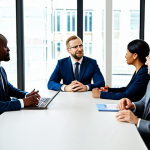 A diverse team of professionals, including men and women of various ethnicities, fully clothed in professional business attire, engaged in an open and collaborative discussion around a modern meeting table in a bright, contemporary office setting. A supportive leader listens attentively to team members sharing ideas, conveying an atmosphere of trust and psychological safety. This scene represents effective communication and a positive work environment. High-quality professional photography, natural lighting, perfect anatomy, correct proportions, natural poses, well-formed hands, proper finger count, safe for work, appropriate content, fully clothed, professional dress, modest clothing.