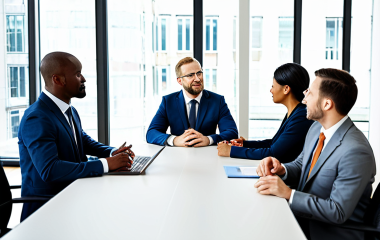 A diverse team of professionals, including men and women of various ethnicities, fully clothed in professional business attire, engaged in an open and collaborative discussion around a modern meeting table in a bright, contemporary office setting. A supportive leader listens attentively to team members sharing ideas, conveying an atmosphere of trust and psychological safety. This scene represents effective communication and a positive work environment. High-quality professional photography, natural lighting, perfect anatomy, correct proportions, natural poses, well-formed hands, proper finger count, safe for work, appropriate content, fully clothed, professional dress, modest clothing.