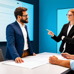 A diverse team of professionals, including a designer, an engineer, and a marketing specialist, gathered around a large interactive screen in a bright, modern collaborative workspace. They are fully clothed in appropriate business casual attire, engaged in a vibrant discussion, pointing at visuals on the screen, and sharing ideas. The setting emphasizes open communication and innovative problem-solving. safe for work, appropriate content, fully clothed, professional, perfect anatomy, correct proportions, natural pose, well-formed hands, proper finger count, natural body proportions, professional photography, high quality, studio lighting.