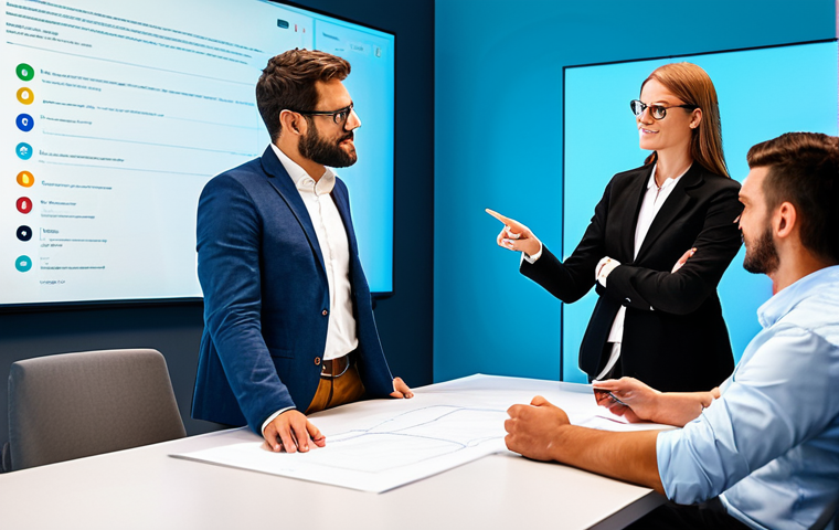 A diverse team of professionals, including a designer, an engineer, and a marketing specialist, gathered around a large interactive screen in a bright, modern collaborative workspace. They are fully clothed in appropriate business casual attire, engaged in a vibrant discussion, pointing at visuals on the screen, and sharing ideas. The setting emphasizes open communication and innovative problem-solving. safe for work, appropriate content, fully clothed, professional, perfect anatomy, correct proportions, natural pose, well-formed hands, proper finger count, natural body proportions, professional photography, high quality, studio lighting.