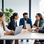 Home 18 다양성의 힘 협력적 창의성 강화하기 - A diverse multicultural team collaborating around a large conference table in a modern office, featu...