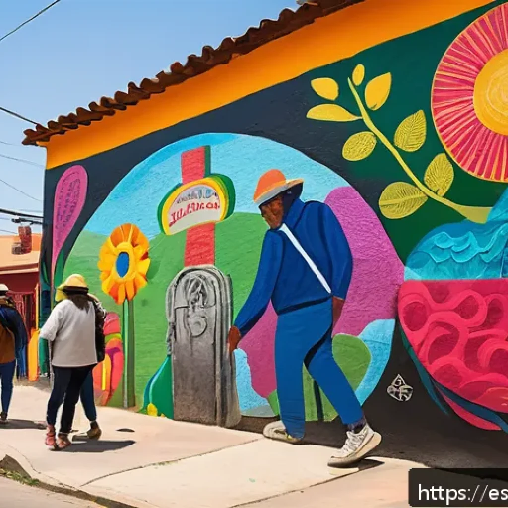협력적 창의성의 사회적 책임 - A vibrant community mural project in a lively Latin American urban neighborhood, featuring diverse l...