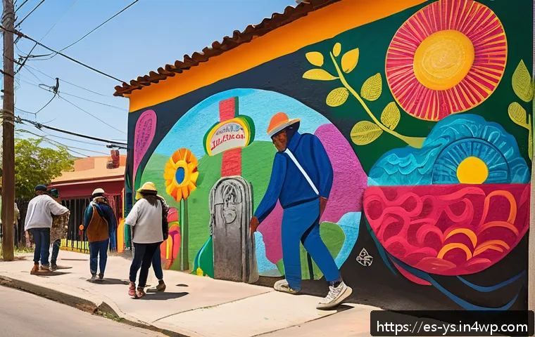 협력적 창의성의 사회적 책임 - A vibrant community mural project in a lively Latin American urban neighborhood, featuring diverse l...
